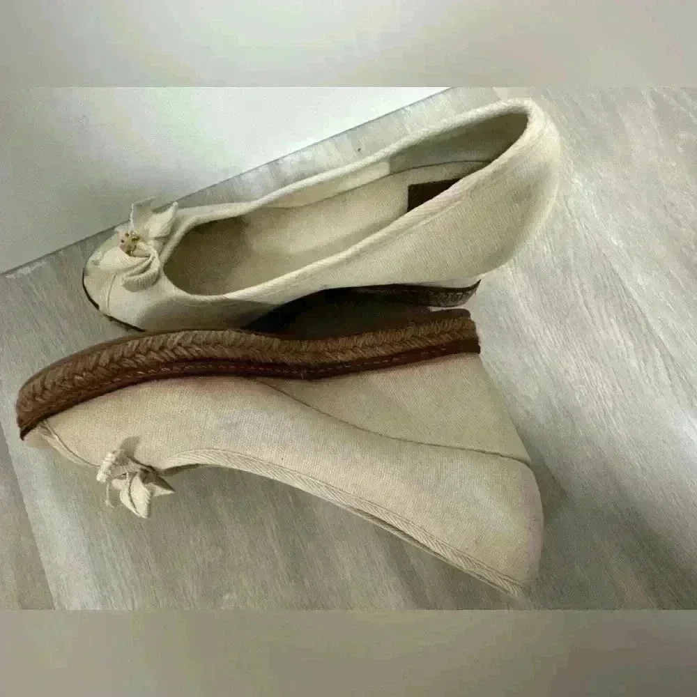 Tory Burch Jackie Wedge Espadrille Platform Peep Toe white/cream Canvas Shoes